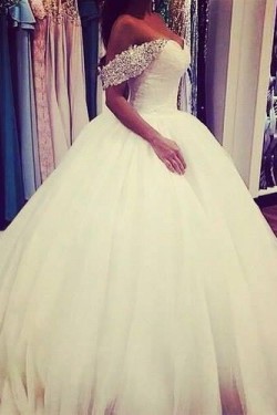 Ball Gown Off-the-Shoulder Beaded Tulle Wedding Dresses Bridal Gowns 3030082