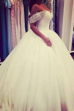 Ball Gown Off-the-Shoulder Beaded Tulle Wedding Dresses Bridal Gowns 3030082