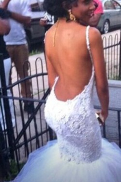 Backless Lace Mermaid Spaghetti Straps Wedding Dresses Bridal Gowns 3030086