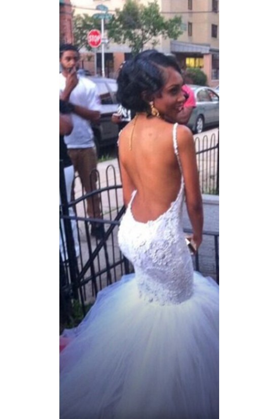 Backless Lace Mermaid Spaghetti Straps Wedding Dresses Bridal Gowns 3030086