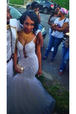 Backless Lace Mermaid Spaghetti Straps Wedding Dresses Bridal Gowns 3030086