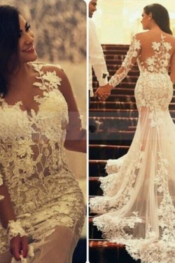 Long Sleeves Lace Sheer Mermaid Wedding Dresses Bridal Gowns 3030087