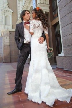 Lace Mermaid Off-the-Shoulder Short Sleeve Wedding Dresses Bridal Gowns 3030092