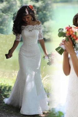 Lace Mermaid Off-the-Shoulder Short Sleeve Wedding Dresses Bridal Gowns 3030092