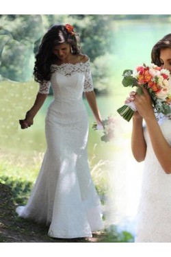 Lace Mermaid Off-the-Shoulder Short Sleeve Wedding Dresses Bridal Gowns 3030092