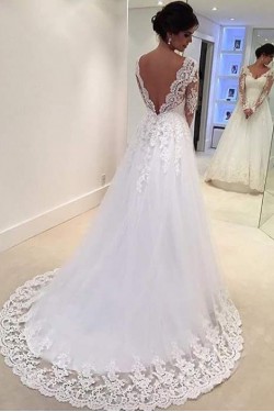 A-Line Long Sleeves Lace V-Neck Wedding Dresses Bridal Gowns 3030095