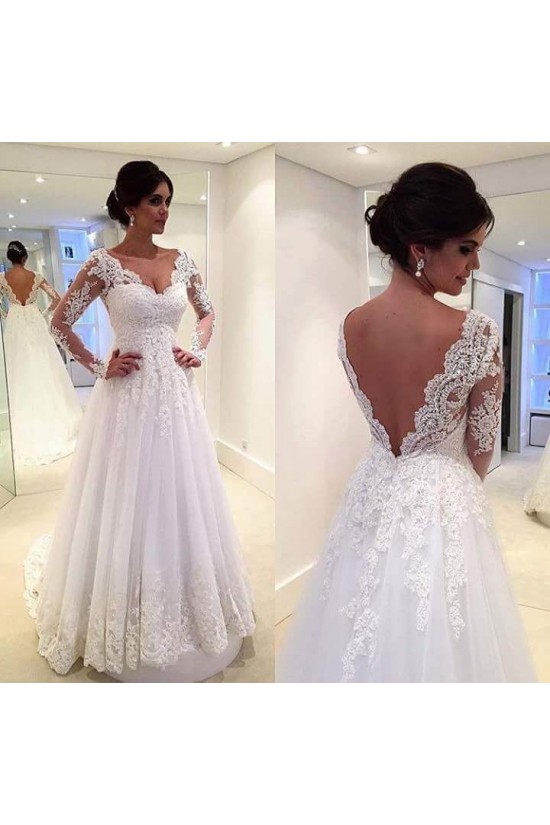 A-Line Long Sleeves Lace V-Neck Wedding Dresses Bridal Gowns 3030095 A-Line Long Sleeves Lace V-Neck Wedding Dresses Bridal Gowns 3030095