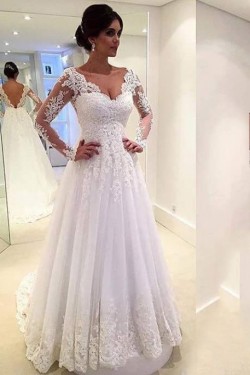 A-Line Long Sleeves Lace V-Neck Wedding Dresses Bridal Gowns 3030095