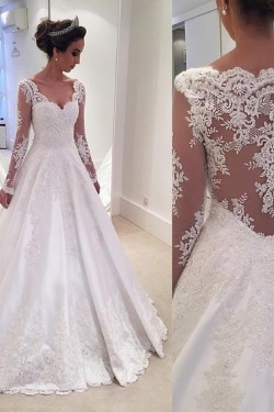 A-Line Long Sleeves Lace V-Neck Wedding Dresses Bridal Gowns 3030096