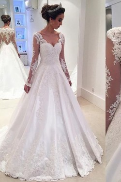 A-Line Long Sleeves Lace V-Neck Wedding Dresses Bridal Gowns 3030096