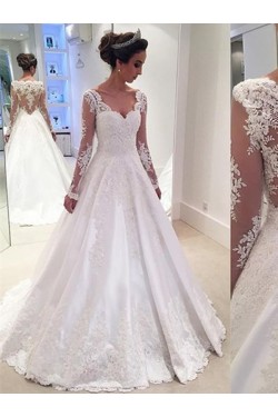 A-Line Long Sleeves Lace V-Neck Wedding Dresses Bridal Gowns 3030096