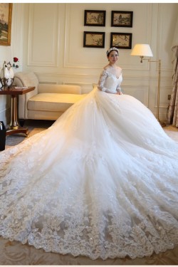 3/4 Length Sleeves V-Neck Lace Wedding Dresses Bridal Gowns 3030109