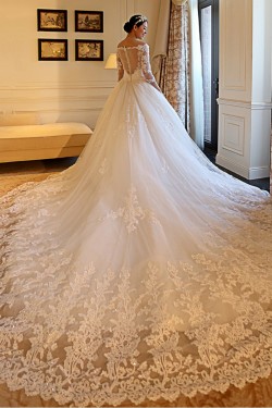 3/4 Length Sleeves V-Neck Lace Wedding Dresses Bridal Gowns 3030109