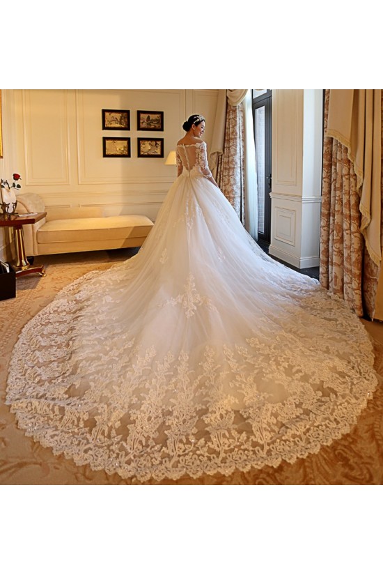 3/4 Length Sleeves V-Neck Lace Wedding Dresses Bridal Gowns 3030109