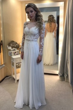 Long Sleeves Lace Chiffon Backless Wedding Dresses Bridal Gowns 3030134