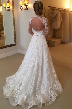 A-Line High Neck Long Sleeves Keyhole Back Lace Wedding Dresses Bridal Gowns 3030148