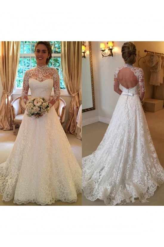 A-Line High Neck Long Sleeves Keyhole Back Lace Wedding Dresses Bridal Gowns 3030148 A-Line High Neck Long Sleeves Keyhole Back Lace Wedding Dresses Bridal Gowns 3030148