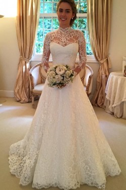 A-Line High Neck Long Sleeves Keyhole Back Lace Wedding Dresses Bridal Gowns 3030148