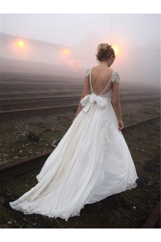 Cap Sleeves Lace Chiffon Backless Wedding Dresses Bridal Gowns 3030158 Cap Sleeves Lace Chiffon Backless Wedding Dresses Bridal Gowns 3030158
