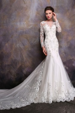 Long Sleeves Crystal Mermaid Lace Wedding Dresses Bridal Gowns 3030165