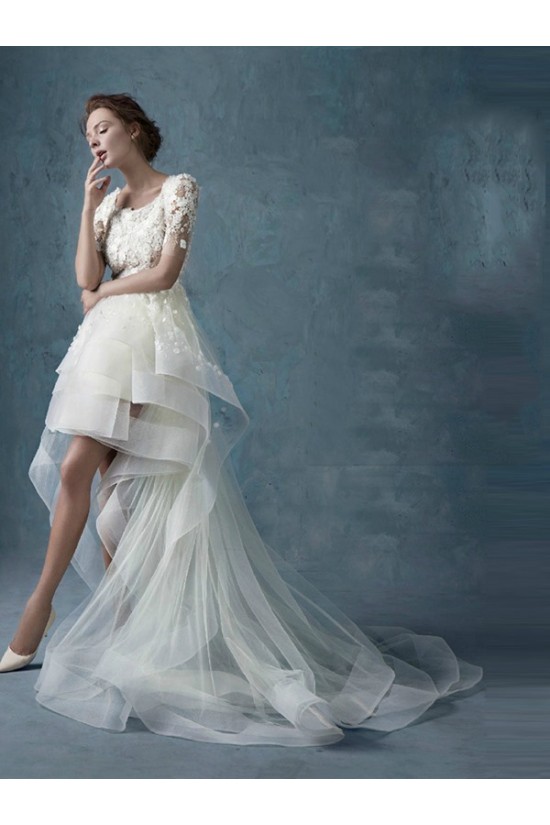 High Low Short Sleeves Lace Tulle Wedding Dresses Bridal Gowns 3030173 High Low Short Sleeves Lace Tulle Wedding Dresses Bridal Gowns 3030173