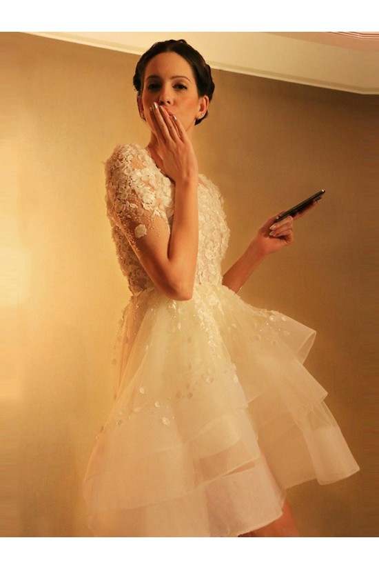 High Low Short Sleeves Lace Tulle Wedding Dresses Bridal Gowns 3030173 High Low Short Sleeves Lace Tulle Wedding Dresses Bridal Gowns 3030173