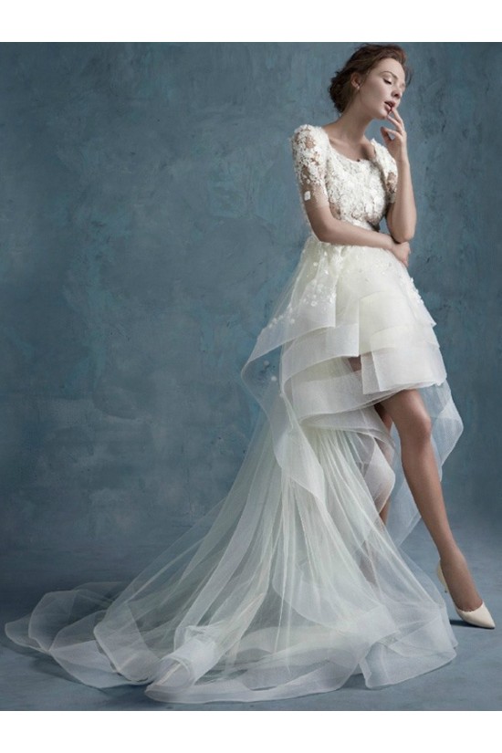 High Low Short Sleeves Lace Tulle Wedding Dresses Bridal Gowns 3030173 High Low Short Sleeves Lace Tulle Wedding Dresses Bridal Gowns 3030173