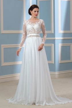 A-Line Lace Chiffon Backless Long Sleeves Wedding Dresses Bridal Gowns 3030176