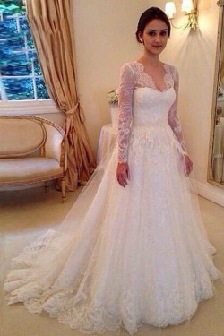 Long Sleeves V-Neck Lace Wedding Dresses Bridal Gowns 3030185
