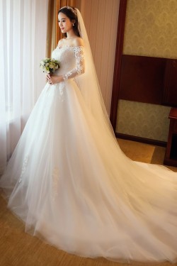 A-Line Off-the-Shoulder Long Sleeves Lace Wedding Dresses Bridal Gowns 3030205