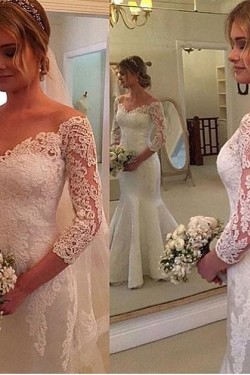 Mermaid Off-the-Shoulder 3/4 Length Sleeves Lace Wedding Dresses Bridal Gowns 3030208