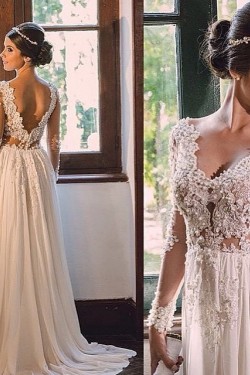 Sexy Long Sleeves V-Neck Lace Chiffon Wedding Dresses Bridal Gowns 3030209