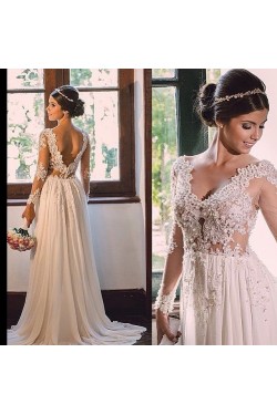 Sexy Long Sleeves V-Neck Lace Chiffon Wedding Dresses Bridal Gowns 3030209
