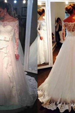 A-Line Long Sleeves Lace Off-the-Shoulder Wedding Dresses Bridal Gowns 3030213