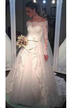 A-Line Long Sleeves Lace Off-the-Shoulder Wedding Dresses Bridal Gowns 3030213