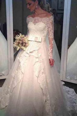 A-Line Long Sleeves Lace Off-the-Shoulder Wedding Dresses Bridal Gowns 3030213
