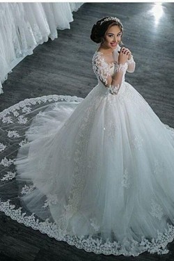 Long Sleeves Illusion Neckline Lace Wedding Dresses Bridal Gowns 3030214