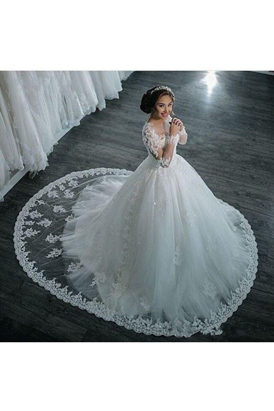 Long Sleeves Illusion Neckline Lace Wedding Dresses Bridal Gowns 3030214