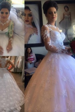 Long Sleeves Illusion Neckline Lace Wedding Dresses Bridal Gowns 3030215