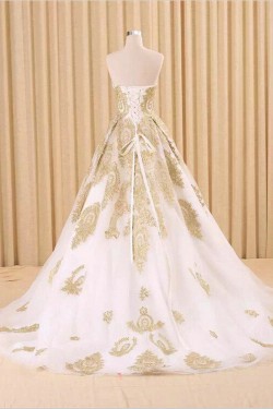 A-Line Sweetheart Gold Lace Appliques Wedding Dresses Bridal Gowns 3030216