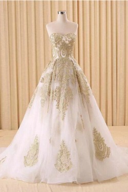 A-Line Sweetheart Gold Lace Appliques Wedding Dresses Bridal Gowns 3030216