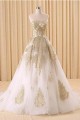 A-Line Sweetheart Gold Lace Appliques Wedding Dresses Bridal Gowns 3030216
