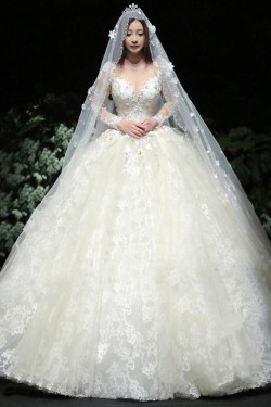 Ball Gown Lace Long Sleeves V-Neck Wedding Dresses Bridal Gowns 3030231