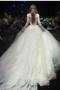 Ball Gown Lace Long Sleeves V-Neck Wedding Dresses Bridal Gowns 3030231