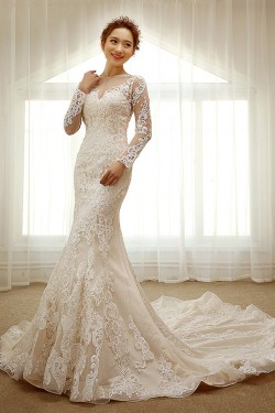 Mermaid Long Sleeves Sheer Lace Wedding Dresses Bridal Gowns 3030232