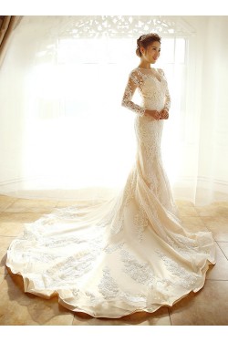 Mermaid Long Sleeves Sheer Lace Wedding Dresses Bridal Gowns 3030232