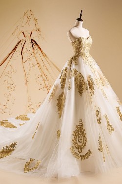 A-Line Sweetheart Gold Lace Appliques Wedding Dresses Bridal Gowns 3030237