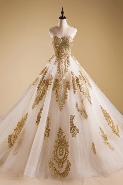 A-Line Sweetheart Gold Lace Appliques Wedding Dresses Bridal Gowns 3030237