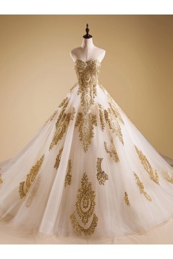 A-Line Sweetheart Gold Lace Appliques Wedding Dresses Bridal Gowns 3030237