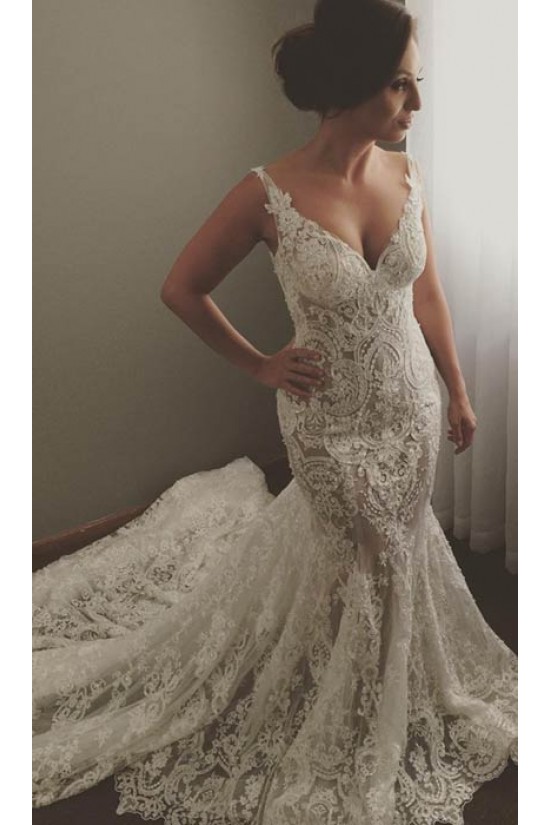 Sexy V-Neck Mermaid Lace Wedding Dresses Bridal Gowns 3030240
